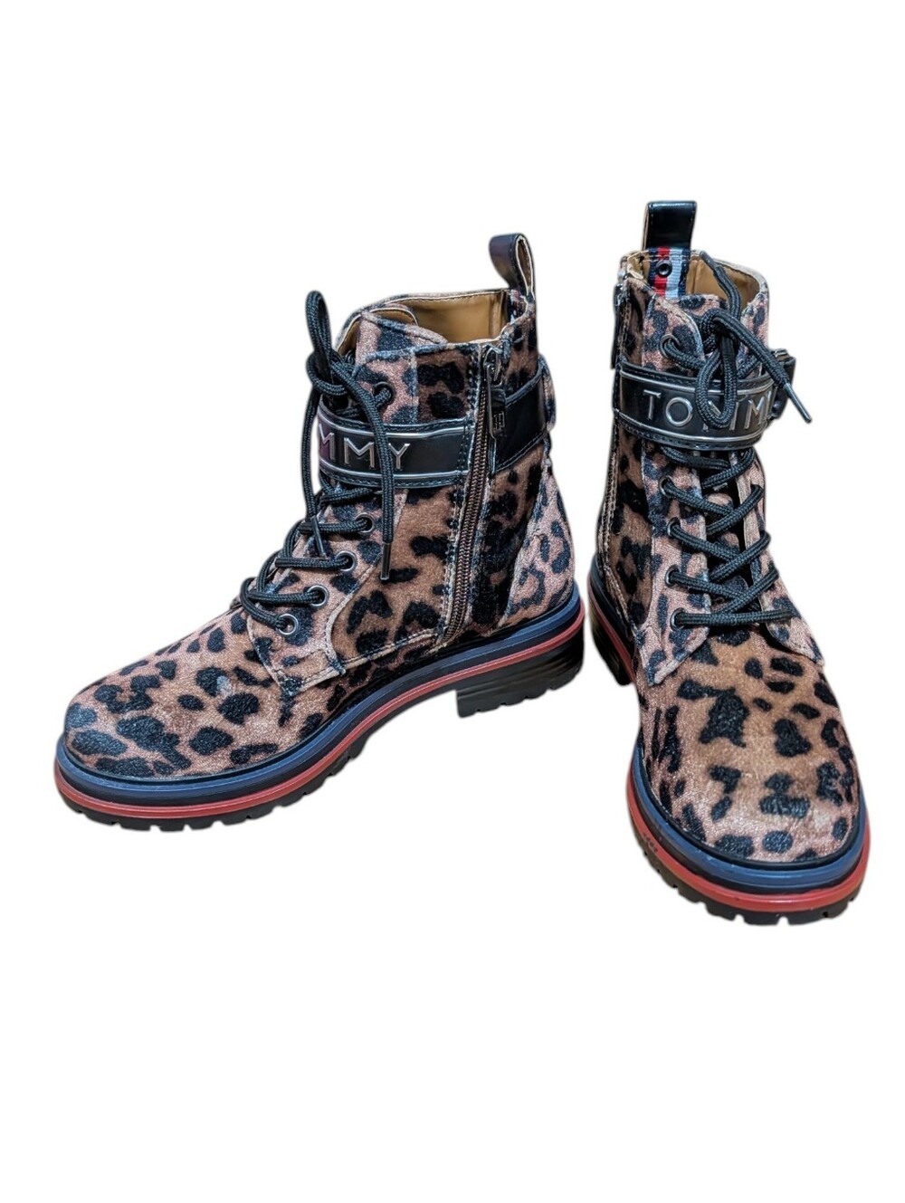 Tommy Hilfiger Leopard Print Lace-Up Combat Boots Women's 6 Brown Black